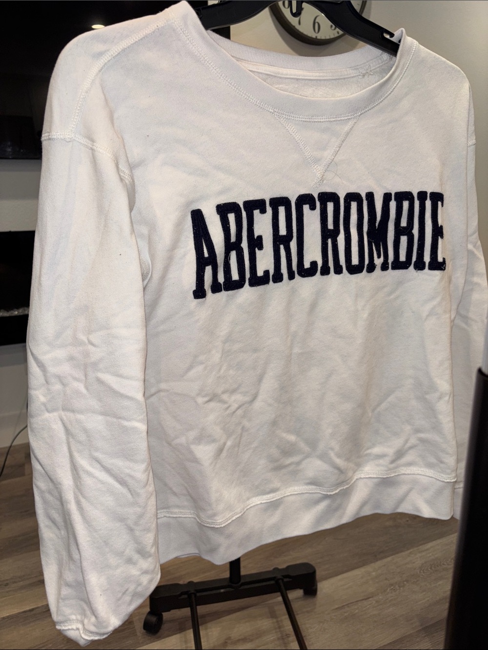 Abercrombie & Fitch White Crewneck with Navy Logo